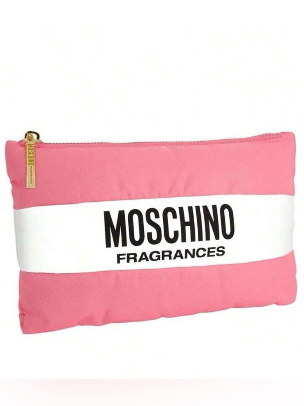 Moschino Pink & White Fragrances Zip Cosmetic Pouch w/ Gold Zip Logo Pull - Picture 2 of 2